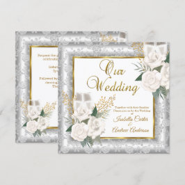 Invitación Rosa de Boda Champán Oro Plata Damask