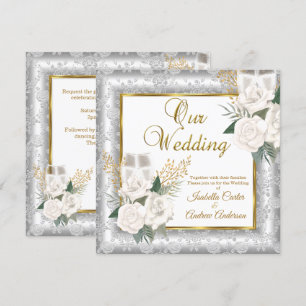 Invitación Rosa de Boda Champán Oro Plata Damask