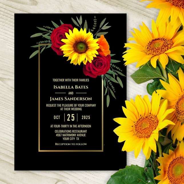 Invitación Rosa de Boda de Burgundy Black Gold Sunflower (Subido por el creador)