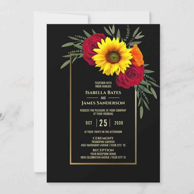 Invitación Rosa de Boda de Burgundy Black Gold Sunflower (Anverso)