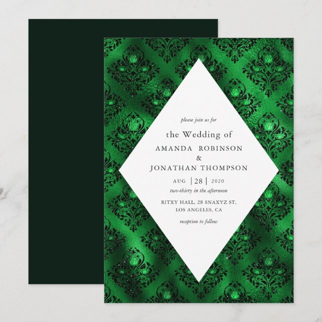 Invitación Rosa de Boda de Emerald Green y Black Glam Damask (Anverso / Reverso)