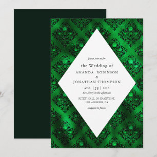 Invitación Rosa de Boda de Emerald Green y Black Glam Damask
