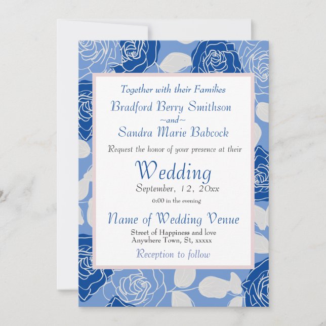 Invitación Rosa de Boda de Floral Gris Gris Gris Azul Dusty (Anverso)