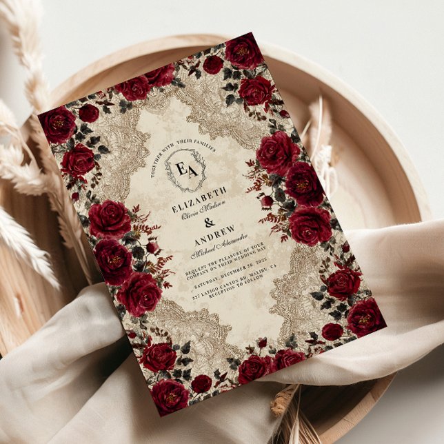 Invitación Rosa de Boda de Gothic Crimson Lace (Subido por el creador)