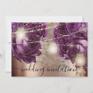 Invitación Rosa de boda de novia Luces plateadas Rosas púrpur