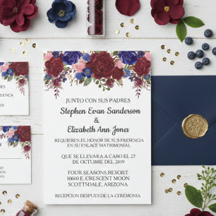 Invitación Rosa de Boda Española Burgundy Azul Marino Acuarel