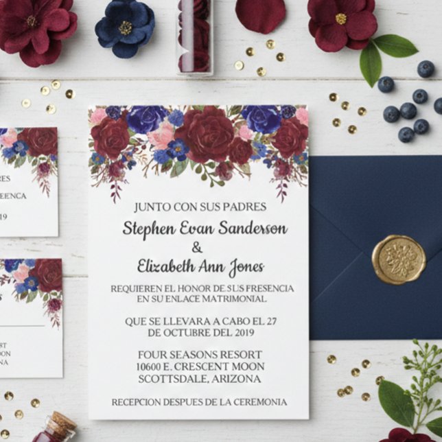 Invitación Rosa de Boda Española Burgundy Azul Marino Acuarel (Subido por el creador)
