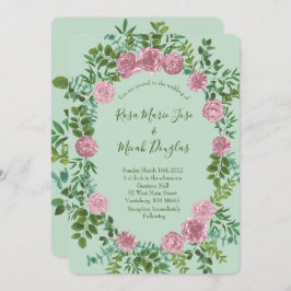 Invitación Rosa de Boda floral de color verde claro y rosa pá