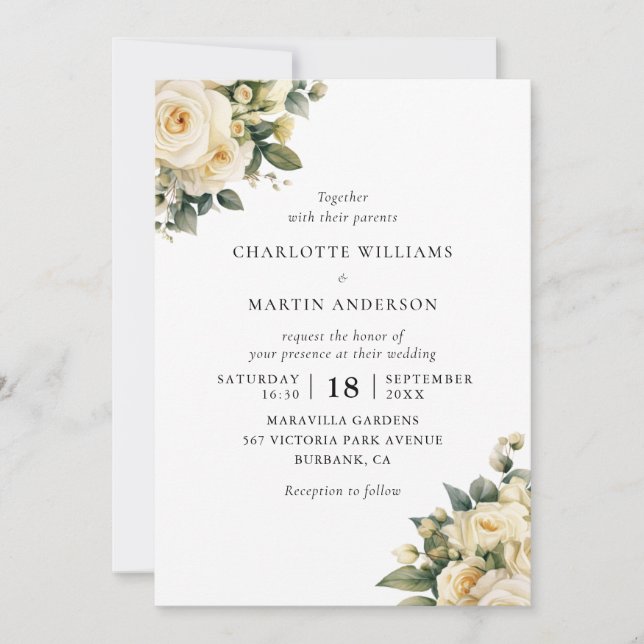Invitación Rosa de Boda floral de Ivory Cream (Anverso)