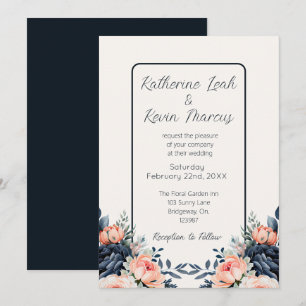 Invitación Rosa de Boda floral de Navy Blue Dusty
