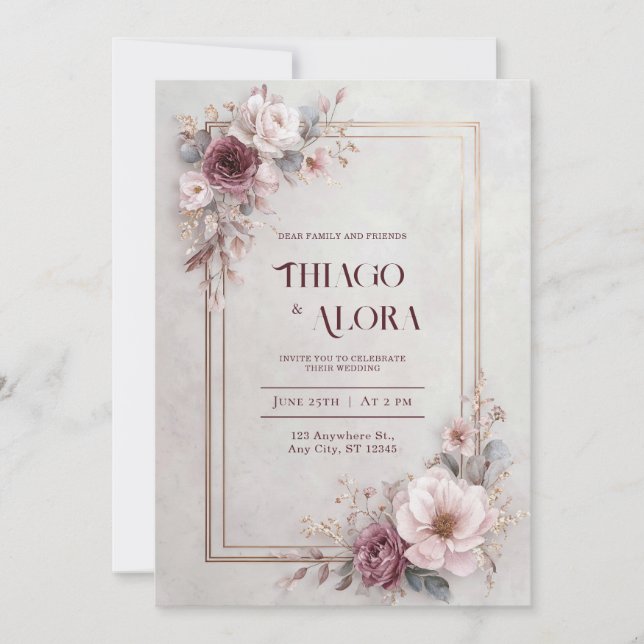 Invitación Rosa de Boda floral de Rubor (Anverso)