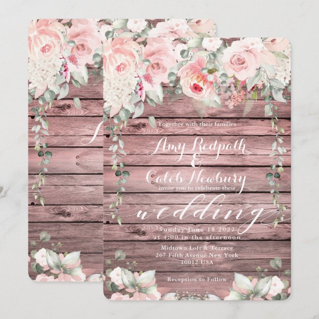 Invitación Rosa de Boda Rubor & Blooms Wood Rustic Barn Board (Anverso / Reverso)