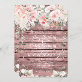 Invitación Rosa de Boda Rubor & Blooms Wood Rustic Barn Board