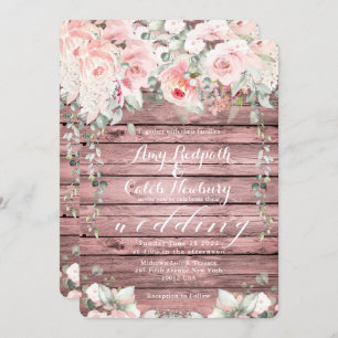 Invitación Rosa de Boda Rubor & Blooms Wood Rustic Barn Board