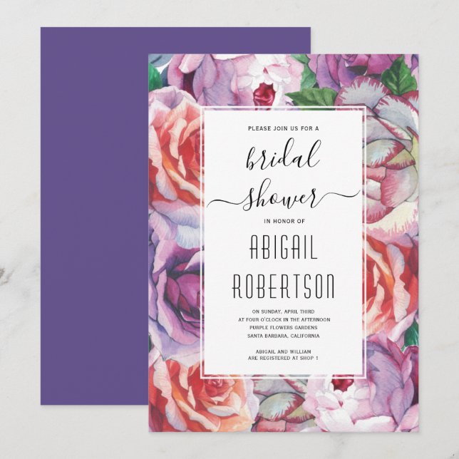 Invitación Rosa de boda ultravioleta con ducha de novia (Anverso / Reverso)