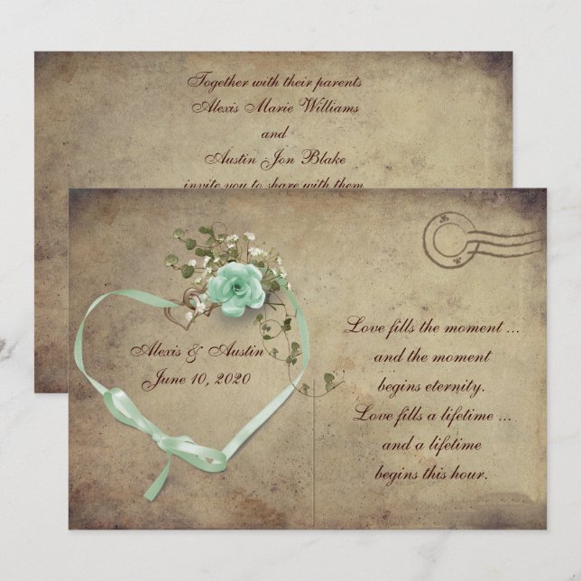 Invitación rosa de Boda verde menta (Anverso / Reverso)
