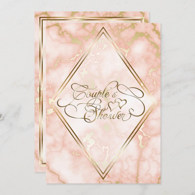 Invitación Rosa de boda y mármol dorado Caligrafía ornamentad (Anverso / Reverso)