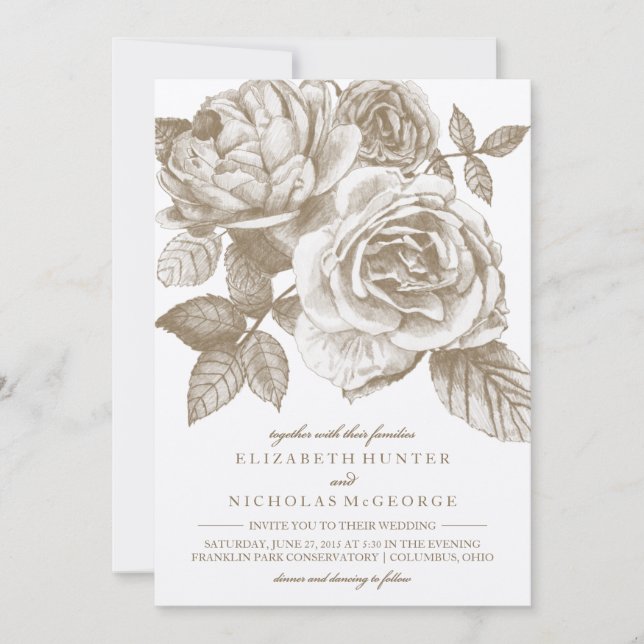 Invitación Rosa de bodas en Sepia (Anverso)