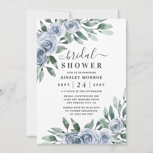 Invitación Rosa de Boho Floral Elegante Azul Dusty (Anverso)