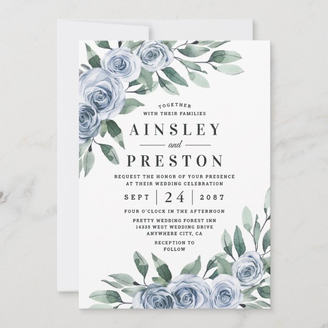 Invitación Rosa de Boho Floral Elegante Azul Dusty Boda Rústi (Anverso)