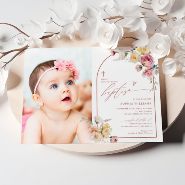 Invitación Rosa de Boho Garden Flores Foto Chica Bautismo (Subido por el creador)