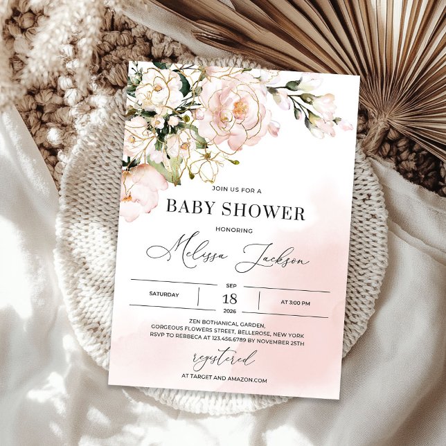 Invitación Rosa de boho rosa oro primavera floral ducha de be (Pink boho rose gold floral spring baby shower invitation)