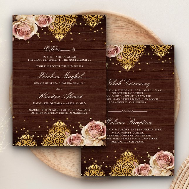 Invitación Rosa de Boho Rosado Motif Boda musulmana de madera (Subido por el creador)