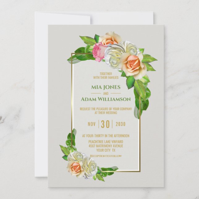 Invitación Rosa de borde dorado Boda floral (Anverso)