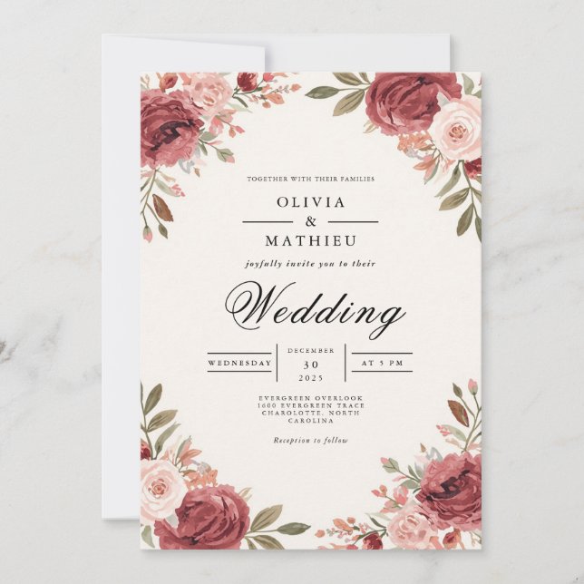 Invitación Rosa de Borgoña Boda de Arco Botánico (Anverso)