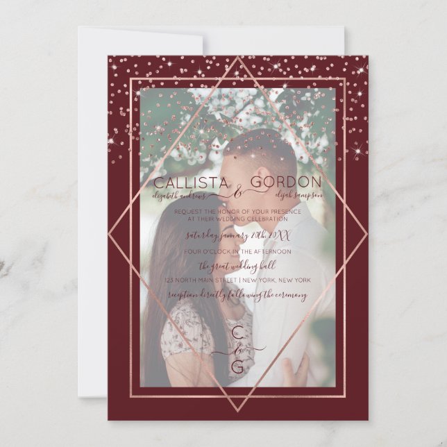 Invitación Rosa de Borgoña Boda de fotografía de la frontera  (Anverso)