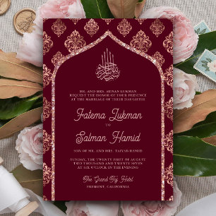 Invitación Rosa de Borgoña Damask Arch Boda musulmana