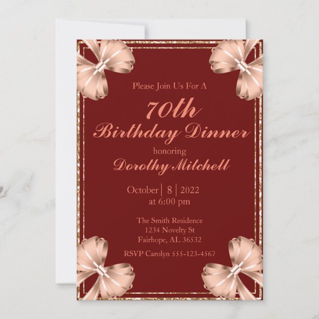 Invitación Rosa de Borgoña Dorado Cumpleaños 70 (Anverso)
