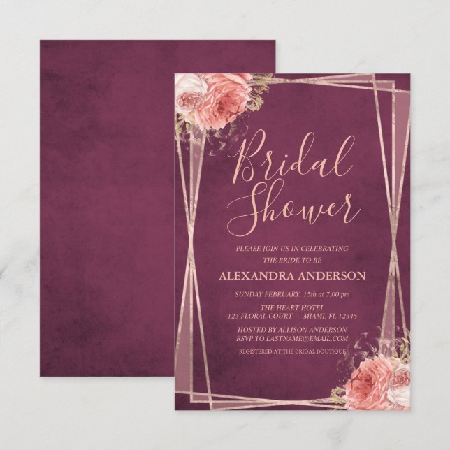 Invitación Rosa de Borgoña Dorado Floral Bridal Shower (Anverso / Reverso)