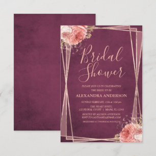 Invitación Rosa de Borgoña Dorado Floral Bridal Shower