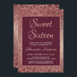 Invitación Rosa de Borgoña Dulce de Oro Dieciséis Cumpleaños<br><div class="desc">Borgoña Maroon Rosa Oro Dulce Dieciséis Relieve metalizado Metálico Imprimir Animal Invitación a la fiesta de cumpleaños sobre fondo negro. Esta invitación a Safari Salvaje es perfecta para la fiesta de cumpleaños 16 del Rosa de oro de Borgoña Maroon que busca celebrar la 16ª fiesta de cumpleaños de Sweet 16....</div>