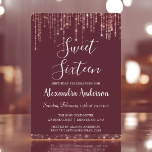 Invitación Rosa de Borgoña Dulce de Oro Dieciséis Cumpleaños