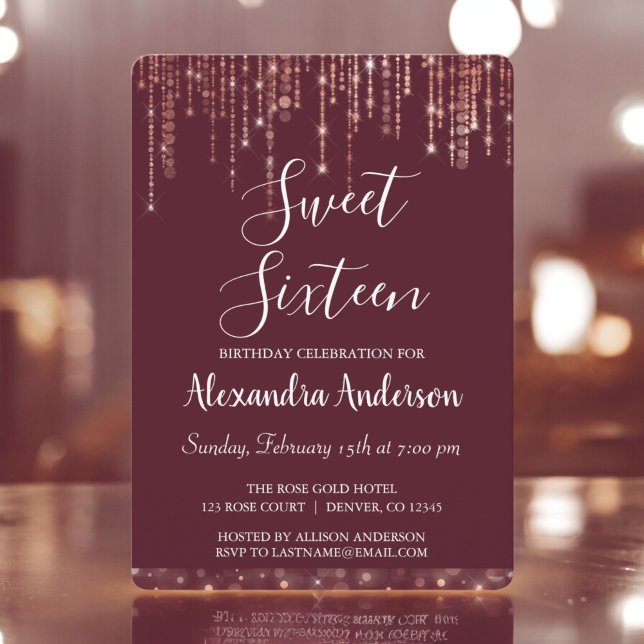 Invitación Rosa de Borgoña Dulce de Oro Dieciséis Cumpleaños (Subido por el creador)