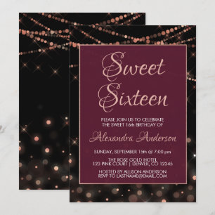 Invitación Rosa de Borgoña Dulce de Oro Dieciséis Cumpleaños
