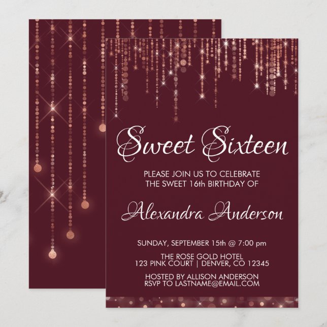 Invitación Rosa de Borgoña Dulce de Oro Dieciséis Cumpleaños (Anverso / Reverso)