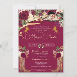 Invitación Rosa de Borgoña Fancy Mariachi Charro Quinceanera