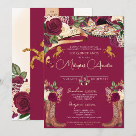 Invitación Rosa de Borgoña Fancy Mariachi Charro Quinceanera