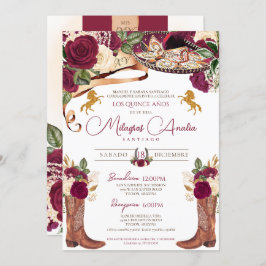 Invitación Rosa de Borgoña Fancy Western Charro Quinceanera