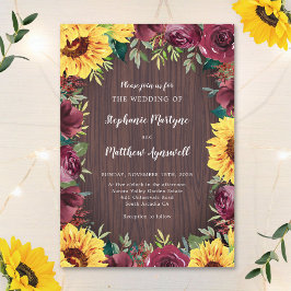 Invitación Rosa de borgoña girasol Boda de madera de la front