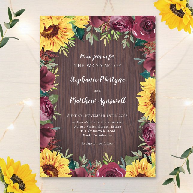 Invitación Rosa de borgoña girasol Boda de madera de la front (Subido por el creador)