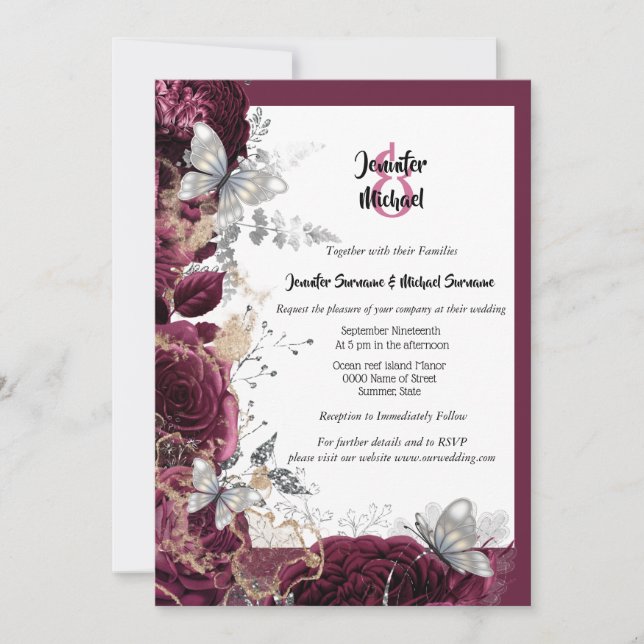 Invitación Rosa de borgoña mariposa de plata boda de salpicad (Anverso)