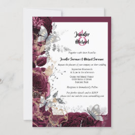 Invitación Rosa de borgoña mariposa de plata boda de salpicad