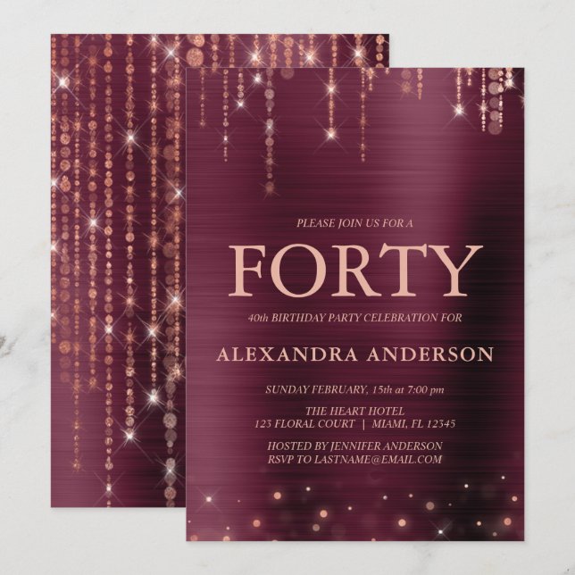 Invitación Rosa de Borgoña Oro 40 Fiesta de cumpleaños (Anverso / Reverso)