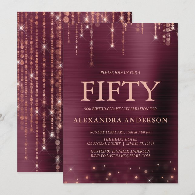 Invitación Rosa de Borgoña Oro Fiesta de los 50 Años (Anverso / Reverso)