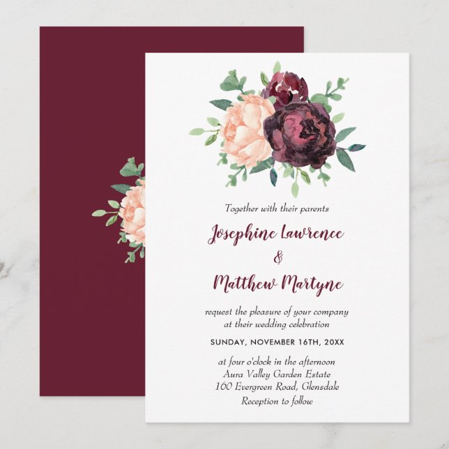 Invitación Rosa de Borgoña Peach Peony Boda Floral (Anverso / Reverso)