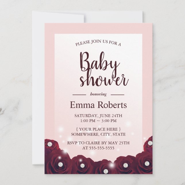 Invitación Rosa de Borgoña Pearl Floral Rubor Pink Baby Showe (Anverso)
